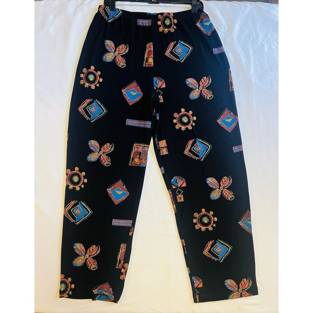 Vtg Slinky Brand Pants L Black Painted Geometric Art Wide Leg Made in USA 90s